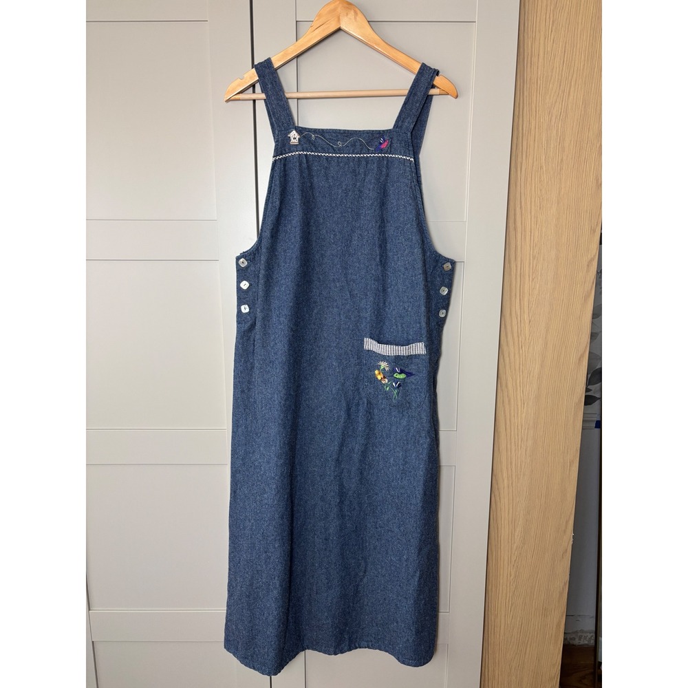 Vintage Teddi Denim Jumper Dress Medium Blue Embroidered Birdhouse Cottagecore